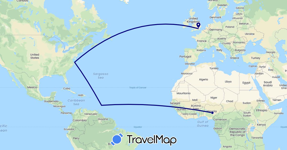 TravelMap itinerary: driving in Barbados, United Kingdom, Nigeria, United States (Africa, Europe, North America)